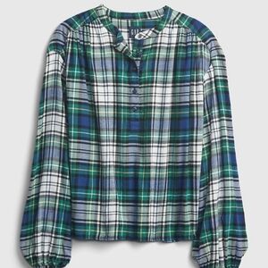 GAP Women's XL Shirred Henley Plaid Cotton Flannel Top